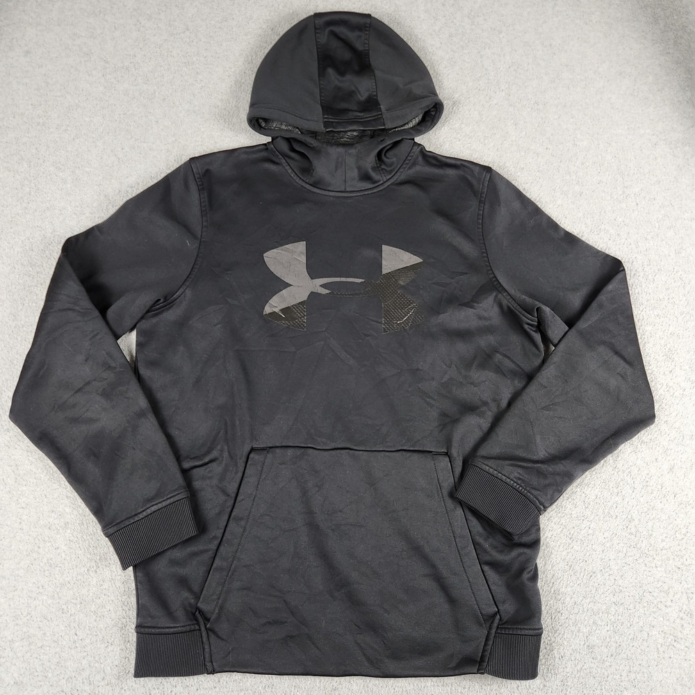Under Armour Hoodie Mens Medium Black Fleece Lined Loose Fit ColdGear Big Logo
